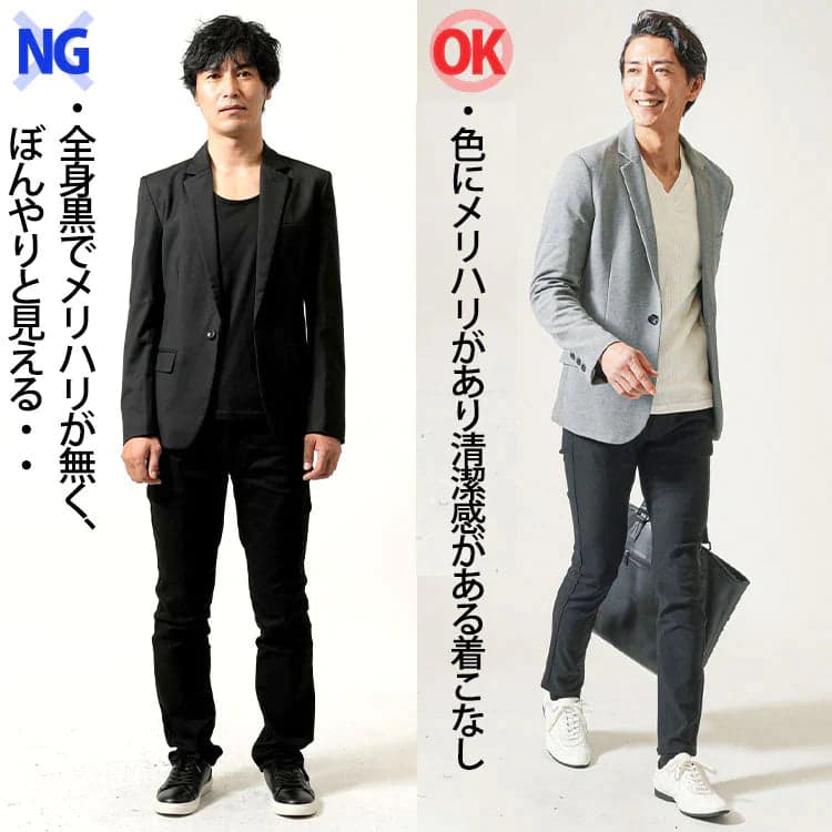 色にメリハリがない30代メンズファッションとメリハリがあるファッションの比較