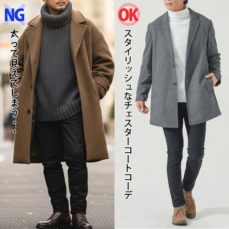 チェスターコートの厚手のタートルネックを合わせたコーデと薄手のタートルネックを合わせたコーデの比較