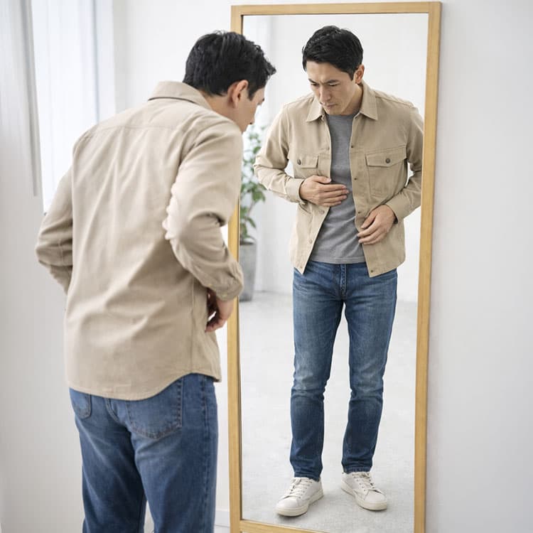 服のしわや汚れを気にしている男性