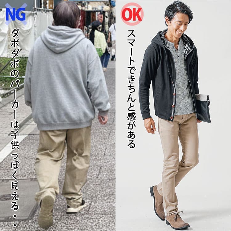 ダボダボのパーカーときれいなシルエットのパーカーを着たコーデの比較