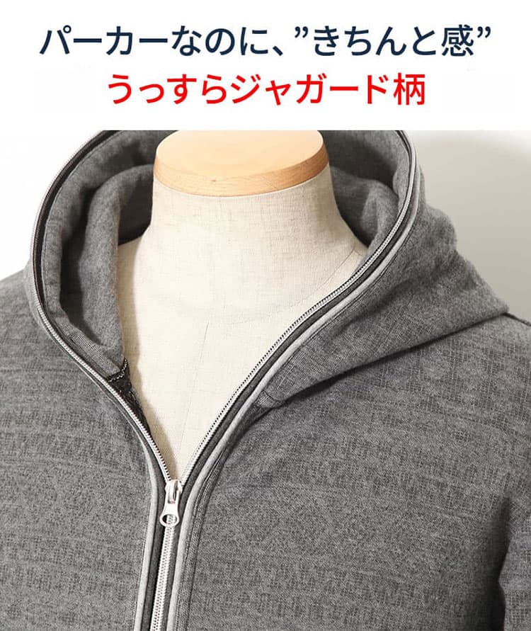 50代にふさわしいうっすらジャガード柄パーカーの生地アップ