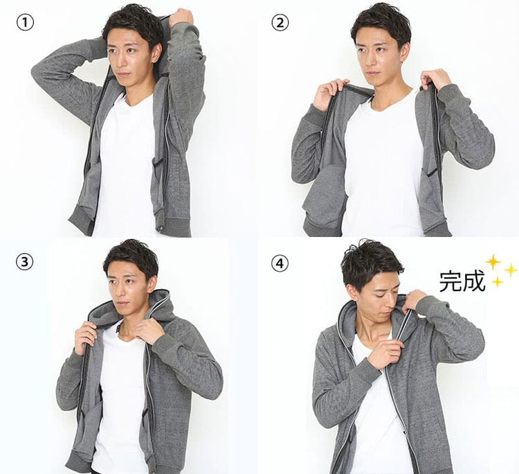 メンズにおすすめのパーカーのフードがきれいに立つように整える手順を説明した画像