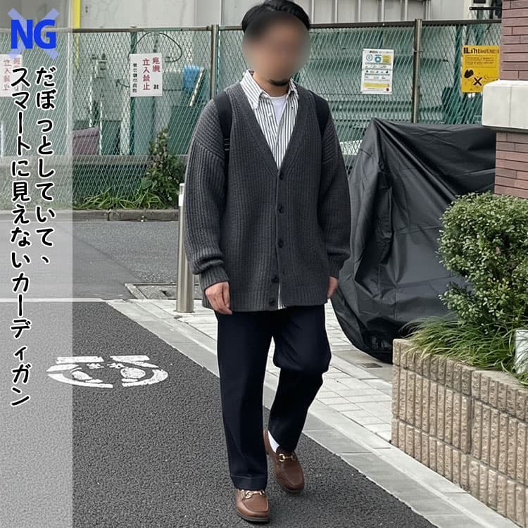 だぼっとしていて、スマートに見えないカーディガンを着ている40代男性