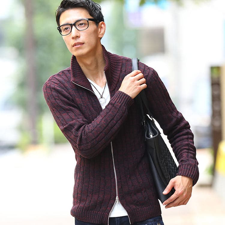 ケーブル編み込みジップアップスタンドニットアウター