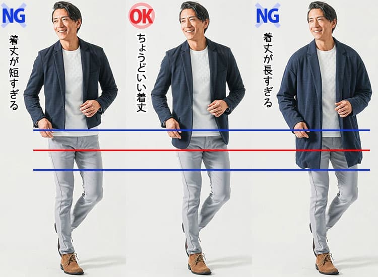 前から見るとズボンのポケット口がちょうど隠れる程度