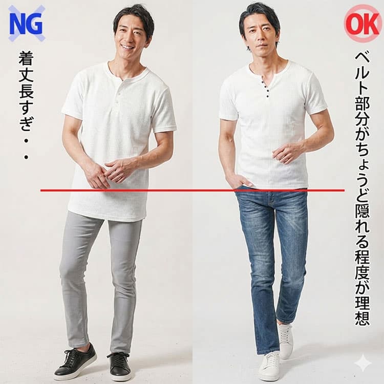 着丈が長すぎるTシャツとベルト部分がちょうど隠れる程度の着丈のTシャツの比較例