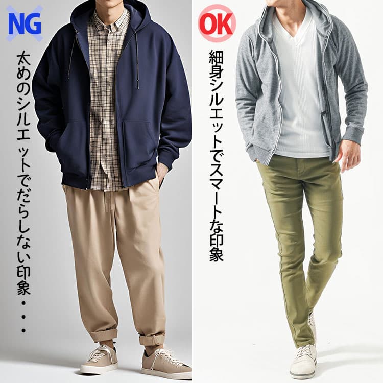 太めシルエットと細身シルエットのジャストサイズのパーカーの比較