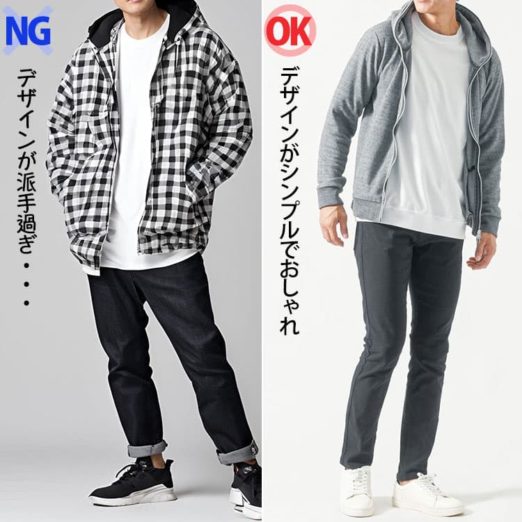 デザイン加工が派手なパーカーとデザイン加工が少ないシンプルなパーカーの比較