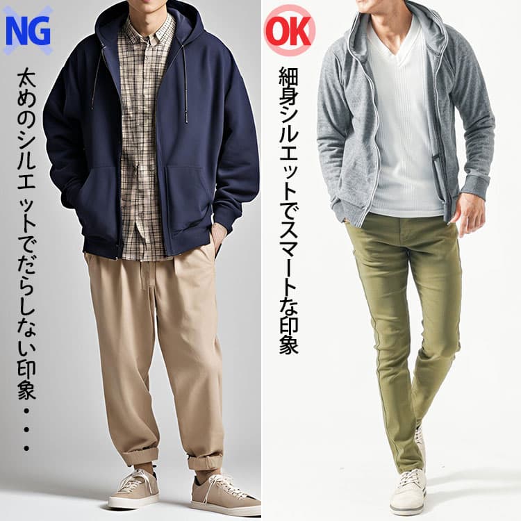 太めシルエットと細身シルエットのジャストサイズのパーカーの比較