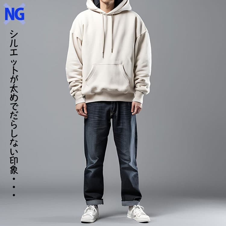 シルエットが太めのジャストサイズのパーカーのコーデ例