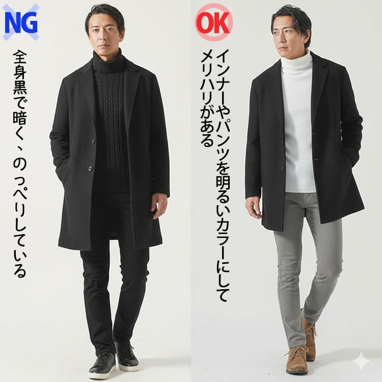 メンズのコートコーデで全身真っ黒で暗いNGコーデとインナーやパンツを明るくしてメリハリのあるOKコーデの比較画像