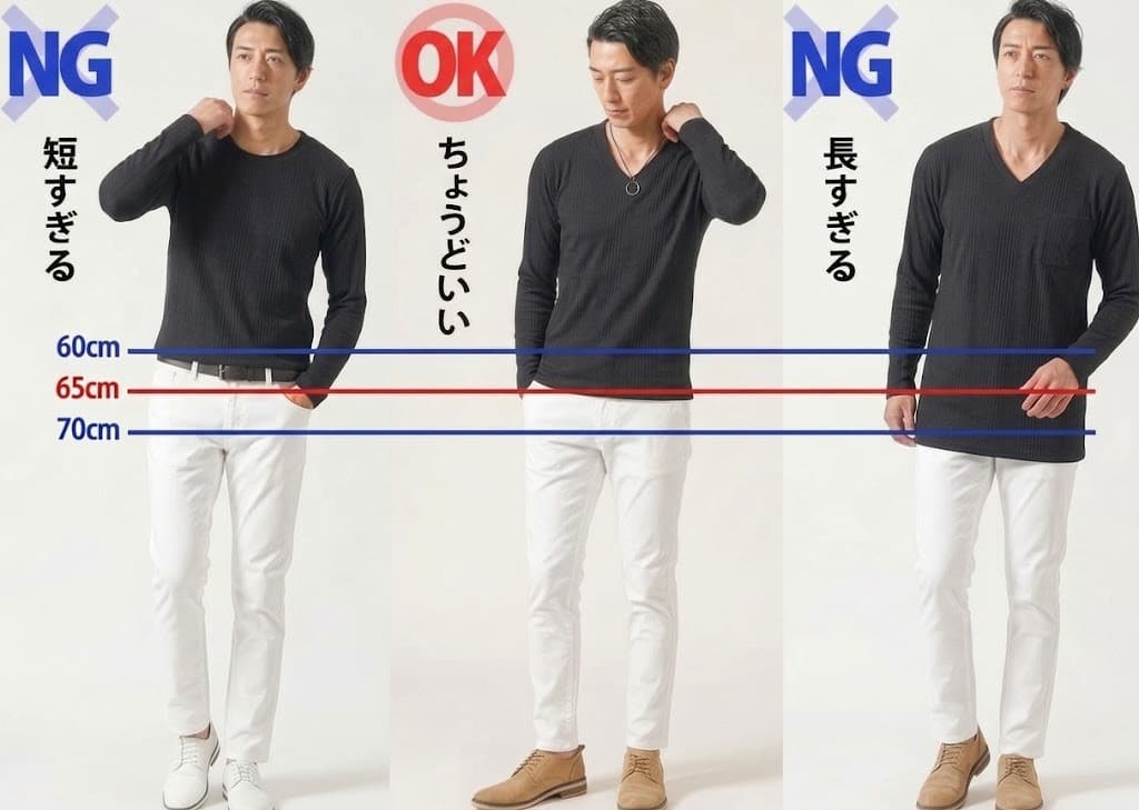 着丈が短すぎる・ちょうどいい・長すぎるTシャツの比較