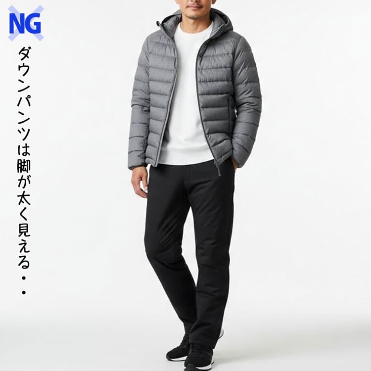 脚が太く見えるダウンパンツコーデ例