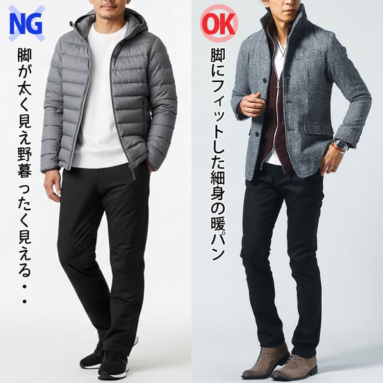 メンズにおすすめの脚に程よくフィットした細身の暖パンコーデ例