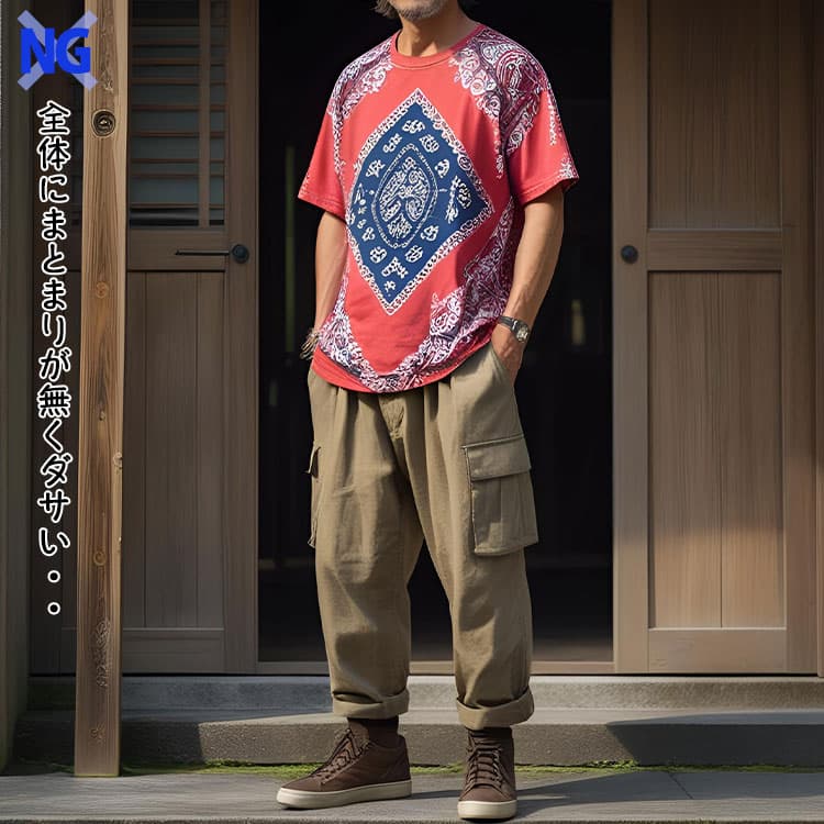 派手なバンダナ柄のTシャツとカーゴパンツを合わせたダサいコーデ例