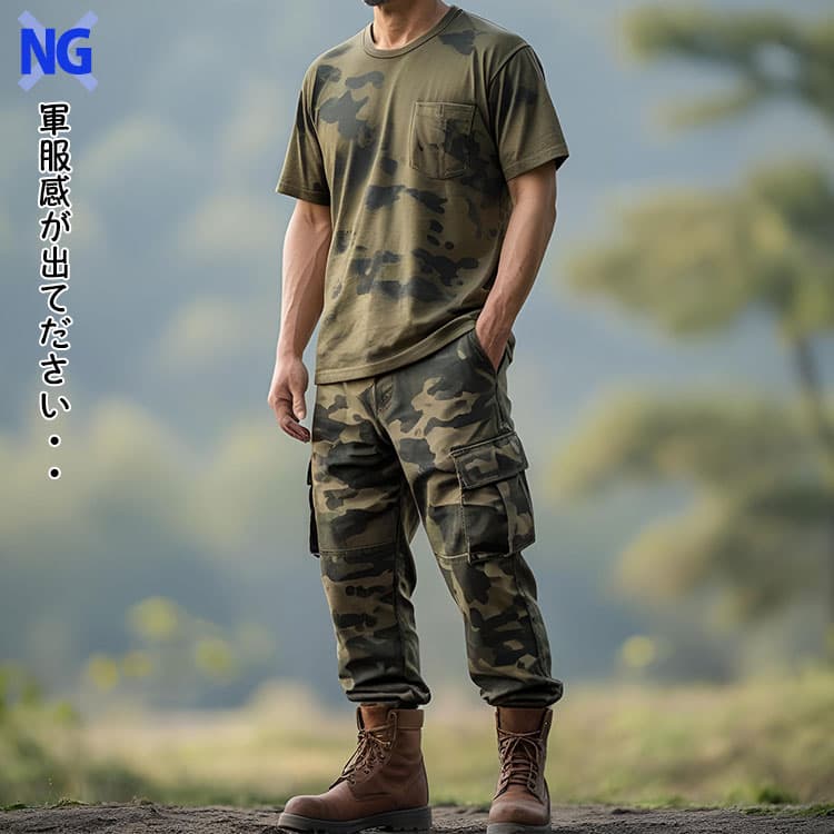 迷彩柄のTシャツとカーゴパンツを合わせたダサいカーゴパンツコーデ例