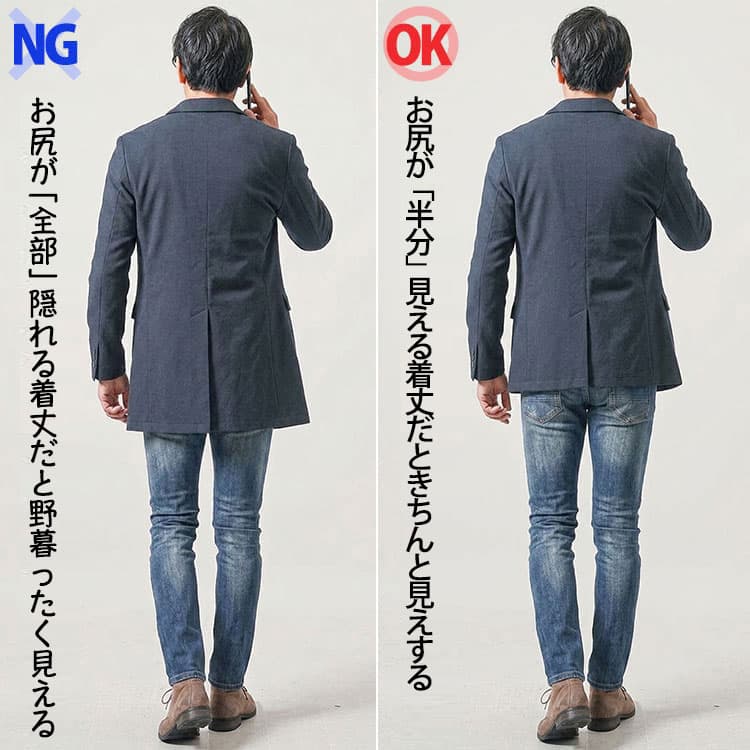 着丈が長いジャケットと着丈が短いジャケットの後ろ姿比較
