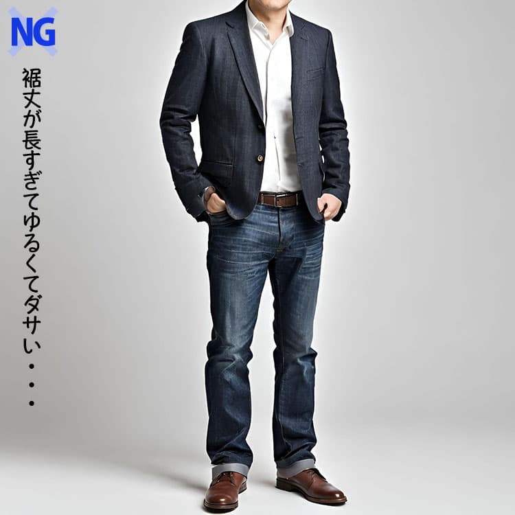 しわくちゃ感が目立ちすぎて裾丈が長すぎるとデニムのコーデ例