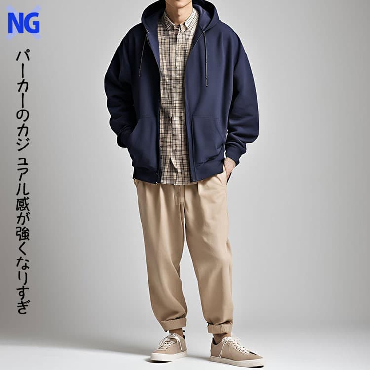 メンズのダサいと思われるシャツとパーカーの重ね着のコーデ