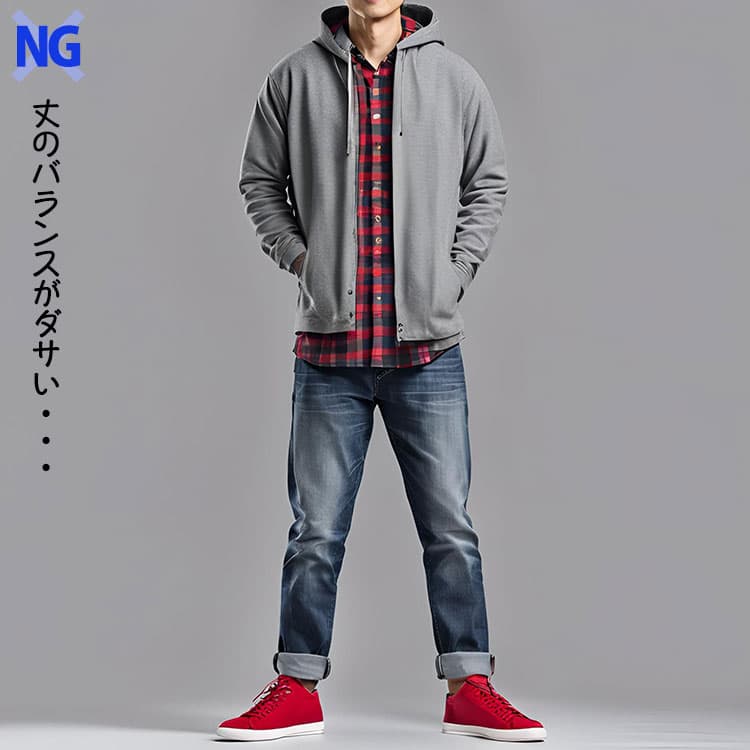 重ね着したときにインナーの丈が大きくはみ出てる例