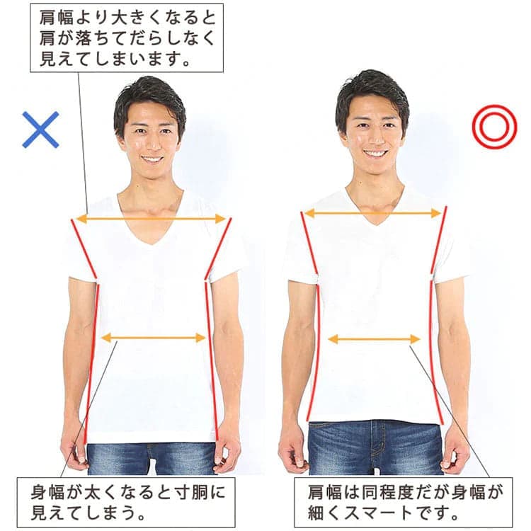 40代メンズのきれいめに見せるブランドTシャツなら肩幅、身幅が大き過ぎないようにするのがおすすめである比較