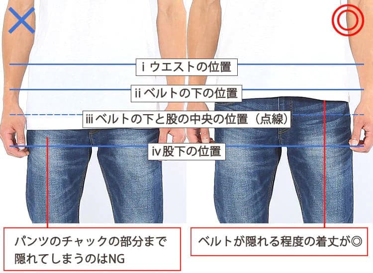 40代メンズのきれいめに見せるブランドTシャツならベルトが隠れるくらいの着丈がおすすめである比較ウエスト部分拡大