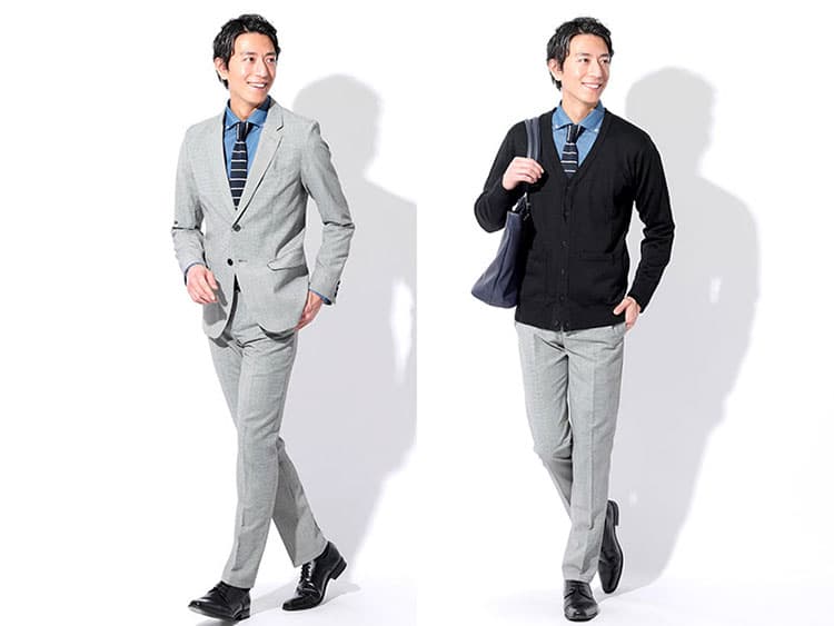 グレー色のテーパードスラックスをはいた男性