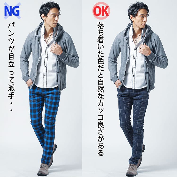 明るいブルーのチェックパンツとネイビーのチェックパンツをはいたコーデ例