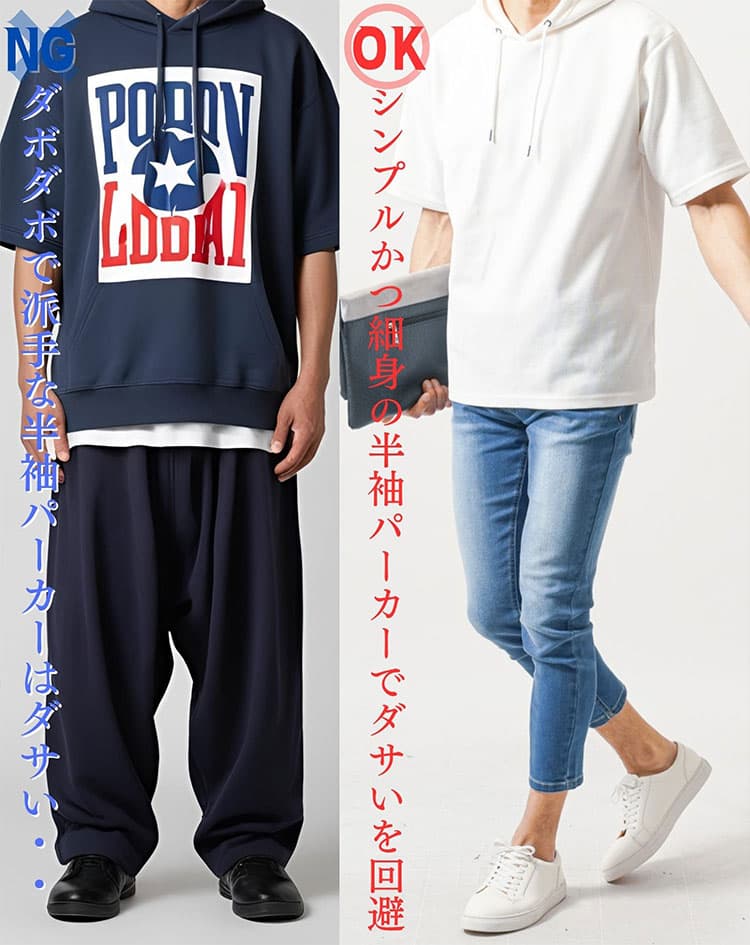 ダボダボかつ派手なダサい半袖パーカーとシンプルで細身な半袖パーカーの比較