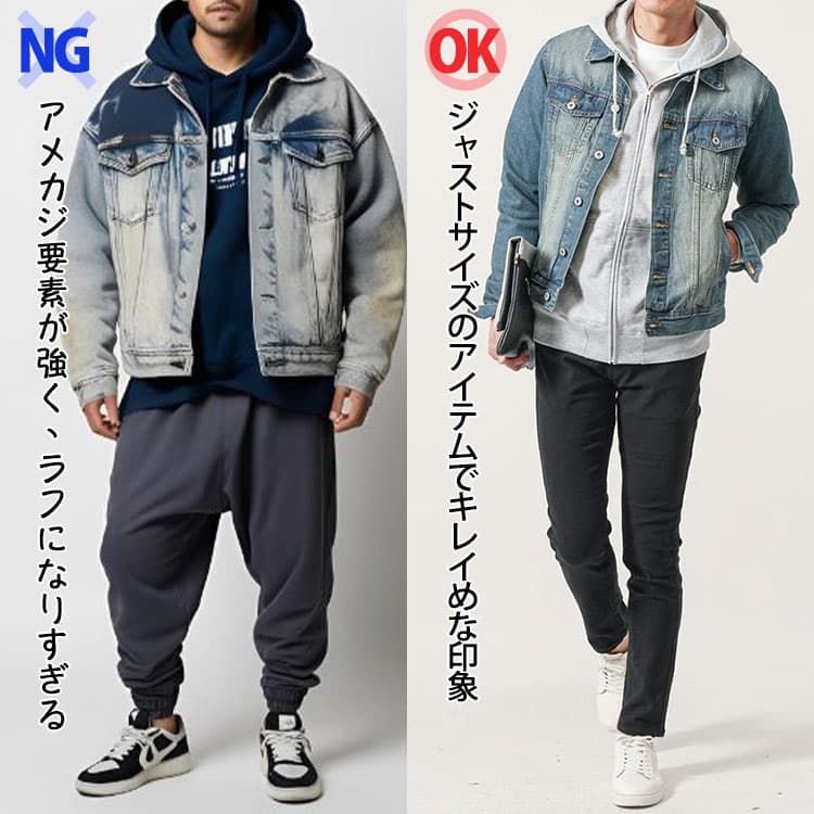 アメカジ要素が強く、ラフになりすぎるNG例とジャストアイテムを使ったOK例の比較