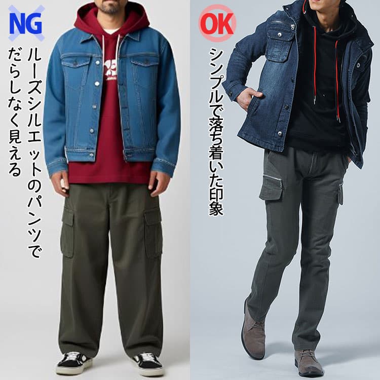 パンツの選び方によってはだらしなく見えるNG例と細身のパンツを合わせたOK例の比較