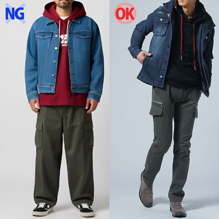 カーゴパンツ×パーカーのコーデのOKNG比較