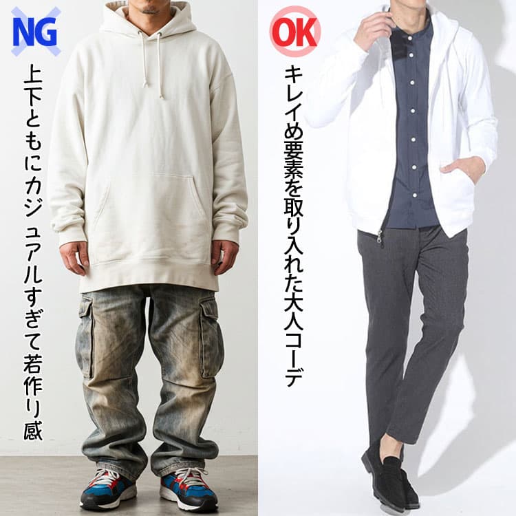 上下カジュアルすぎる白パーカのNGコーデとキレイめ要素を取り入れた大人の白パーカーOKコーデ例