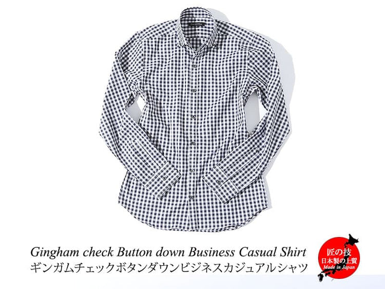 日本製 ギンガムチェックボタンダウンビジネスカジュアル長袖スリムシャツ Designed by Bizfront in TOKYO