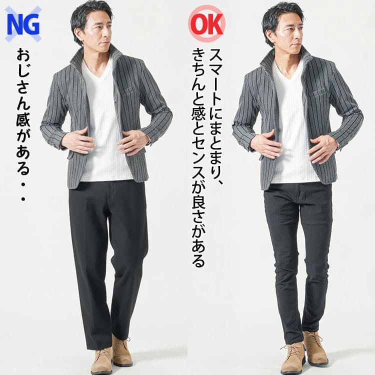 立ち襟ジャケットに太い黒パンツを合わせたコーデと脚に程よくフィットしたきれいなシルエットの黒パンツを合わせたコーデ比較