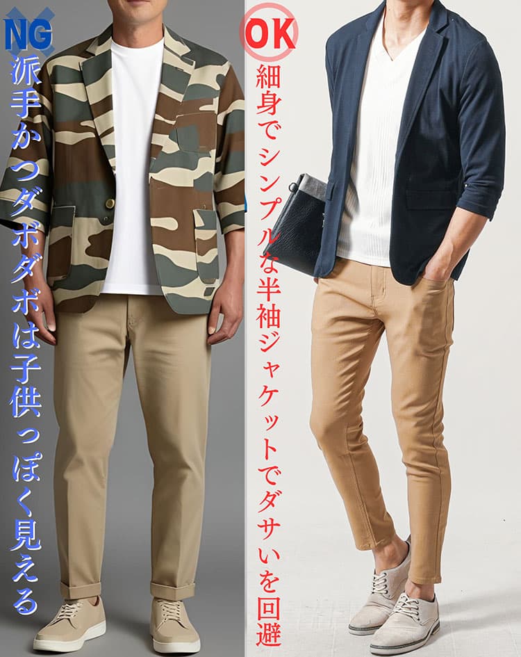 派手でダボダボのダサい半袖ジャケットと細身かつシンプルな半袖ジャケットの比較