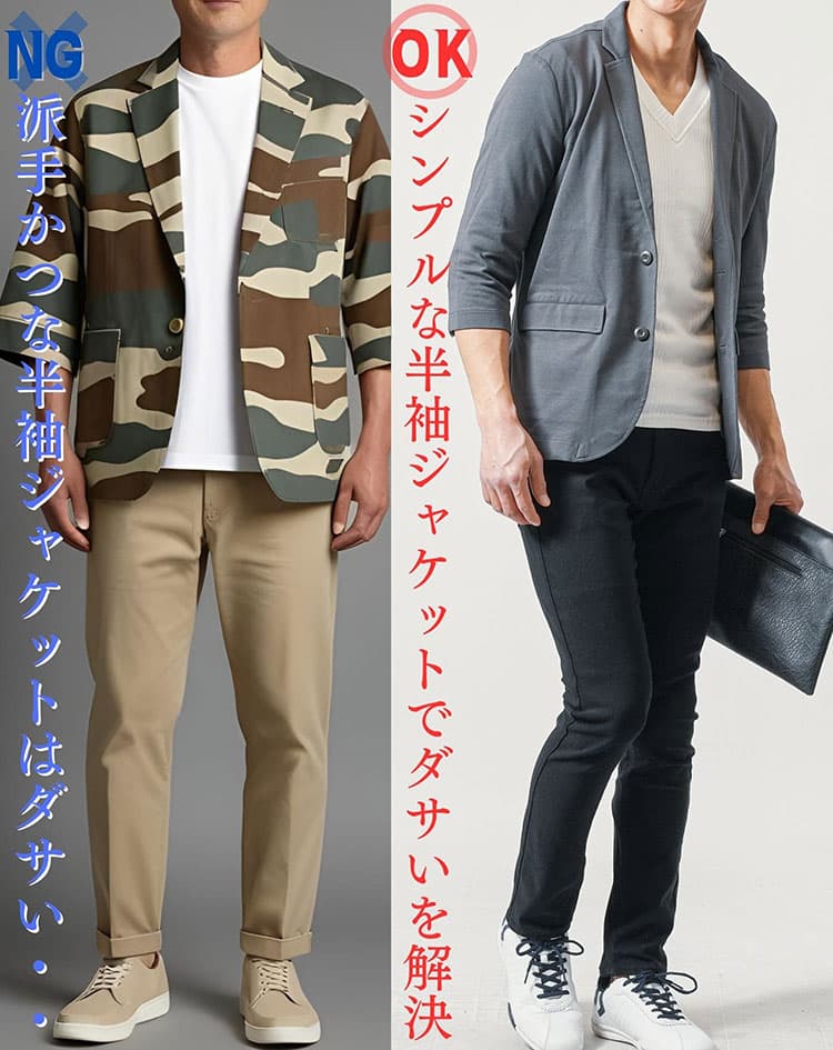 派手でダサい半袖ジャケットとシンプルなデザインの半袖ジャケットの比較