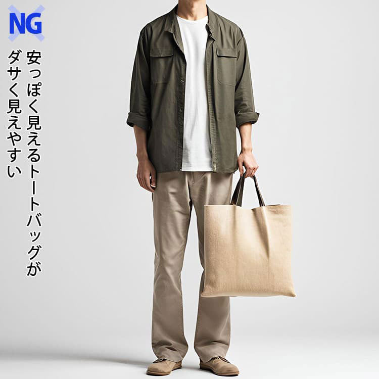 安っぽい素材のトートバッグは私服も安っぽく見えてダサい