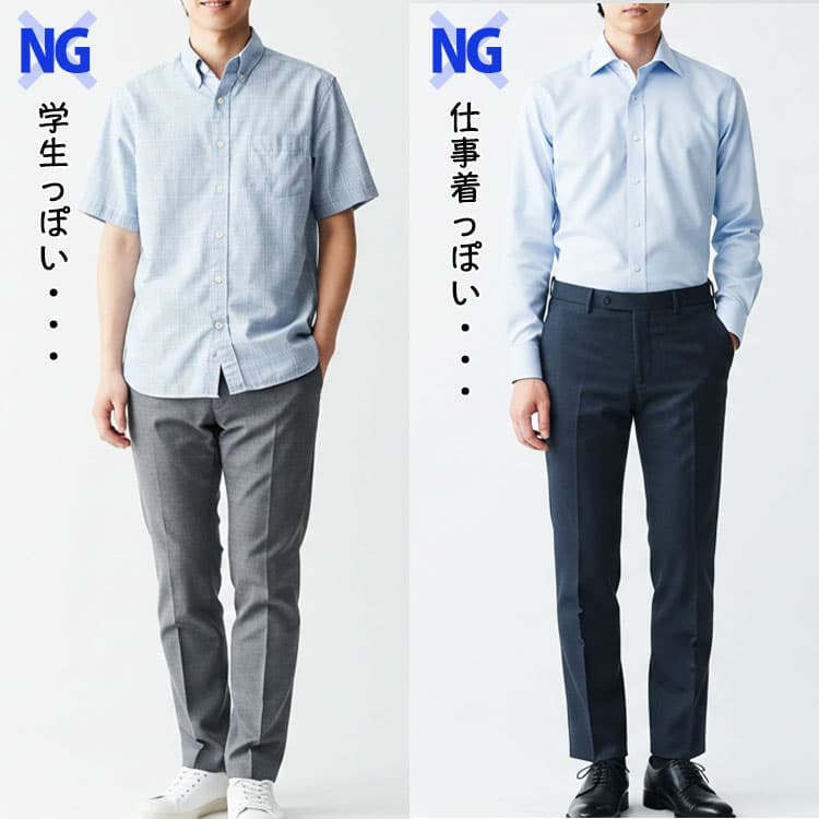 学生っぽいサックスブルーシャツコーデと仕事着っぽいサックスブルーシャツコーデのNG画像