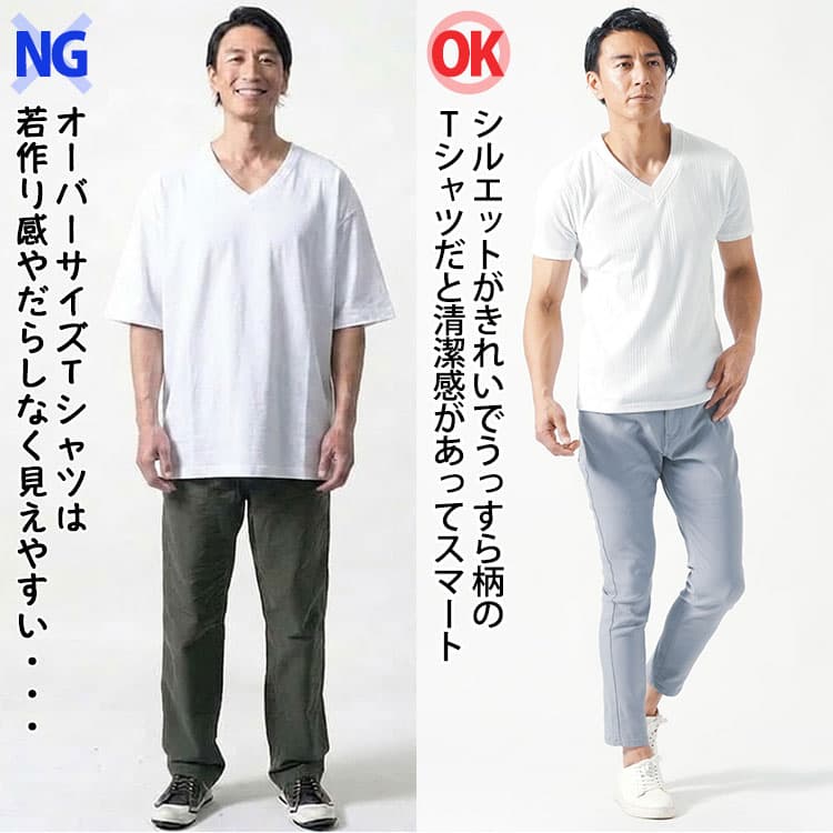 ゆったりとした完全無地のVネックTシャツとシルエットがきれいでうっすら柄のVネックTシャツの比較