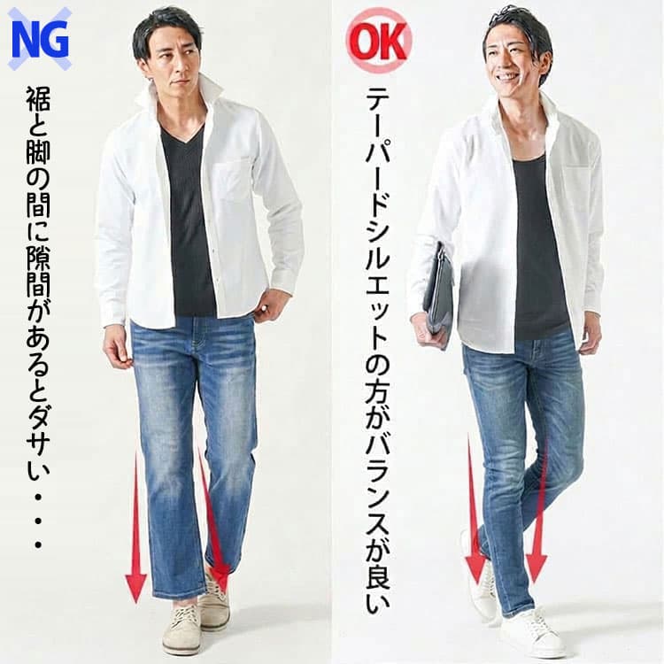 ストレートシルエットのジーンズとテーパードシルエットジーンズの比較例