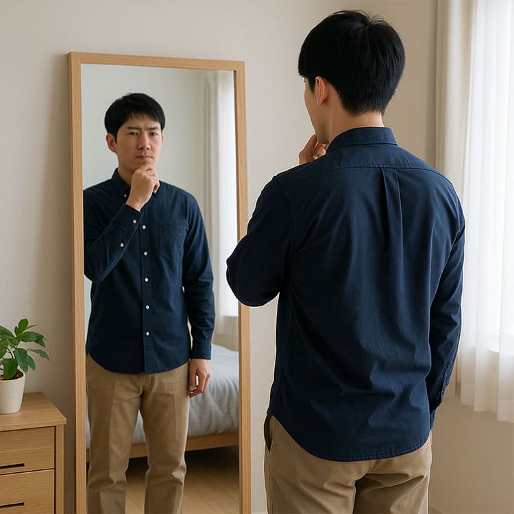 夏に長袖シャツを着て鏡の前で「この服装、暑苦しく見えないかな？」と悩んでいる30代日本人男性の自宅シーン