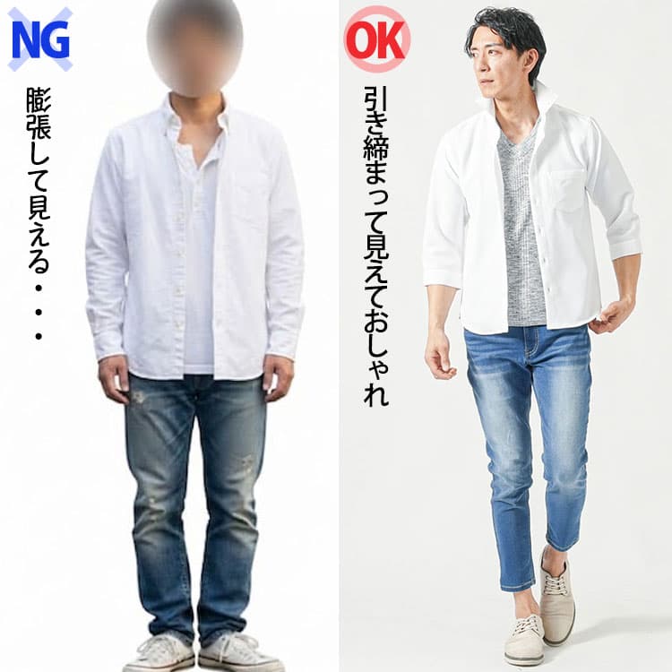 白シャツの下に白インナーとグレーインナーを着た比較