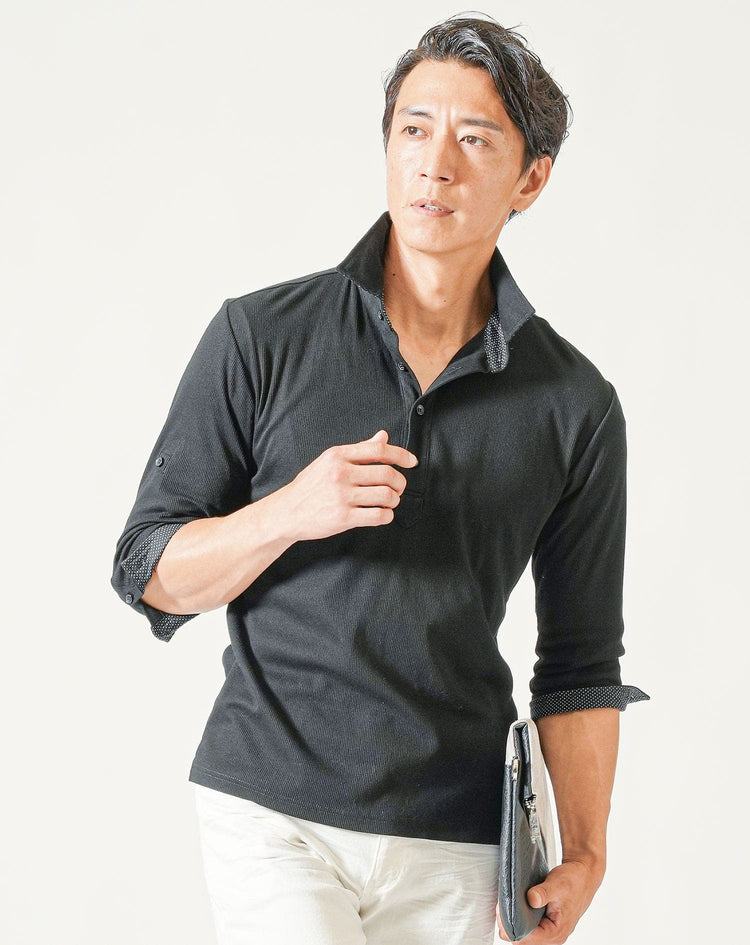 ちょいワル・イケオジメンズ夏3点コーデセット 黒7分袖ポロシャツ×グレー半袖ポロシャツ×白スリムテーパードパンツ