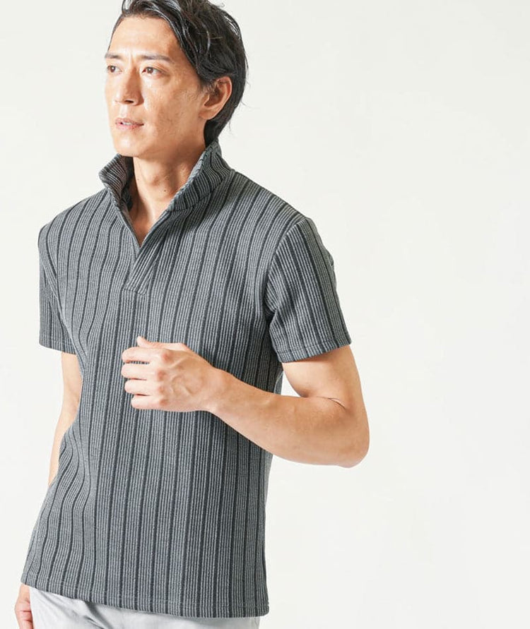 オルタネートストライプワイヤー入りイタリアンスタンドカラー半袖ポロシャツ