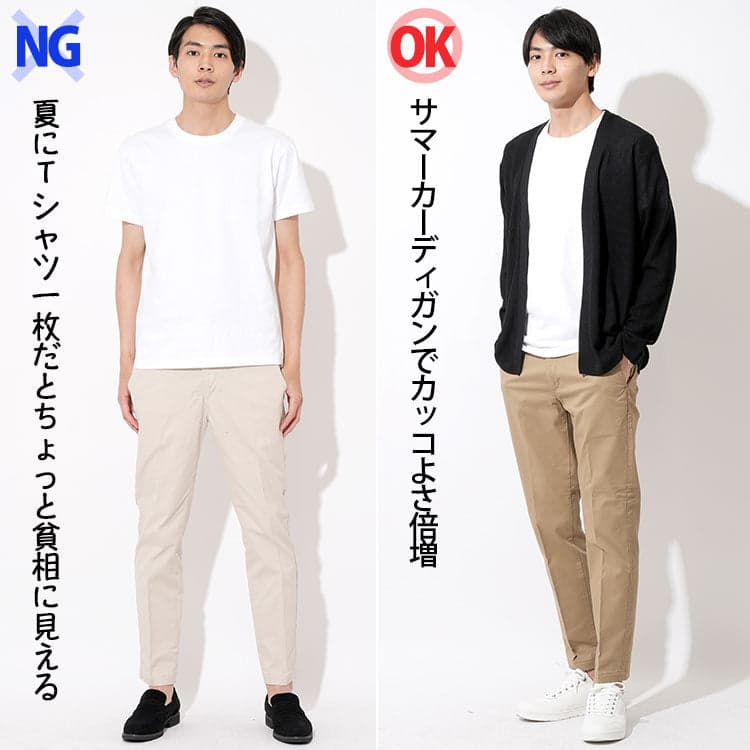 白Tシャツ1枚だけでは少し物足りなく見える男性(左)と、黒のサマーカーディガンを羽織ることで洗練された印象に変わった男性(右)を並べた比較コーディネート。夏の着こなしで“ちょっと足りない印象”を簡単にカバーするテクニックを表現