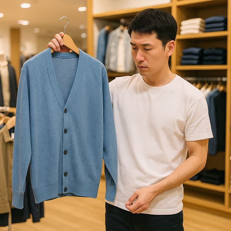 ショッピングモール内のカジュアルな服屋で、リネン調ブルー系サマーカーディガンを手に取り、“いつ着ればいいのか”と戸惑う表情を浮かべる白Tシャツ姿の男性