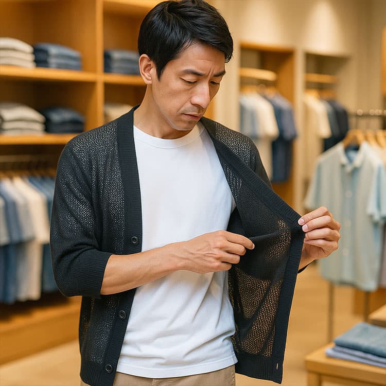 夏にカーディガンを着こなすのは難しいかも…とためらいながら、メッシュ素材の黒サマーカーディガンの裏地をそっと確認する白Tシャツ姿の日本人男性。セレクトショップ店内で、周囲の服と比べながら挑戦すべきか悩んでいる様子