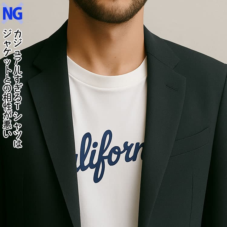カジュアルすぎるTシャツはジャケットとの相性が悪い