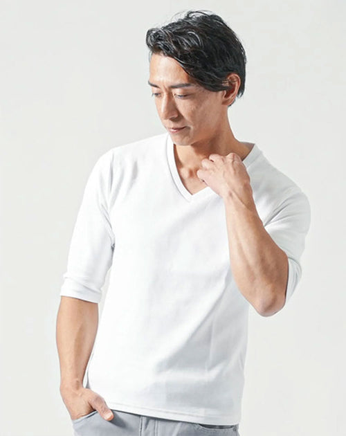 厚手生地スリムフィットストレッチ7分袖VネックTシャツ
